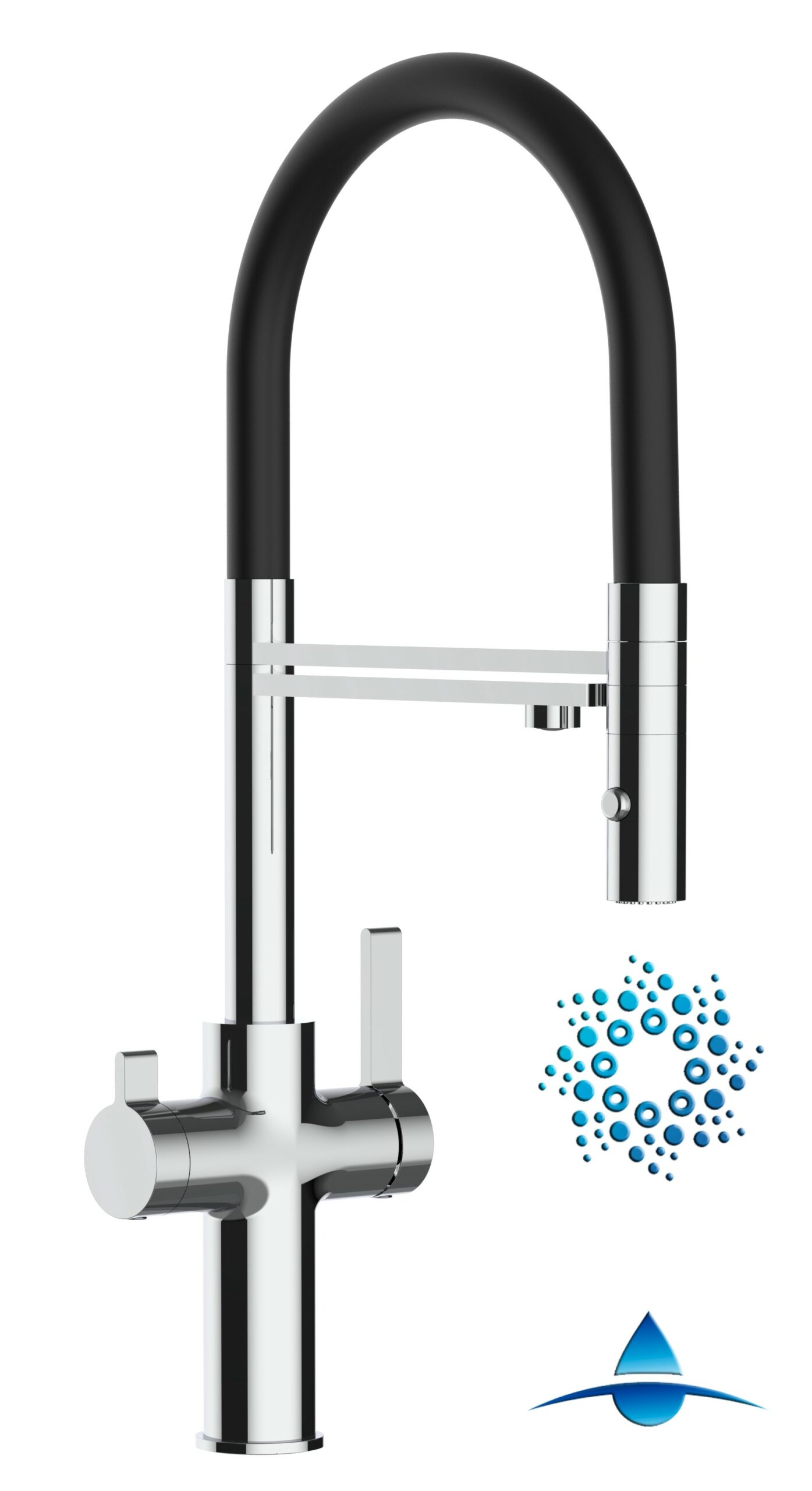 4 Wege Wasserhahn Küchenarmatur, FC, mit 360° schwenkbarem Auslauf, abnehmbare 2 strahl Handbrause, Verchromt / Schwarz