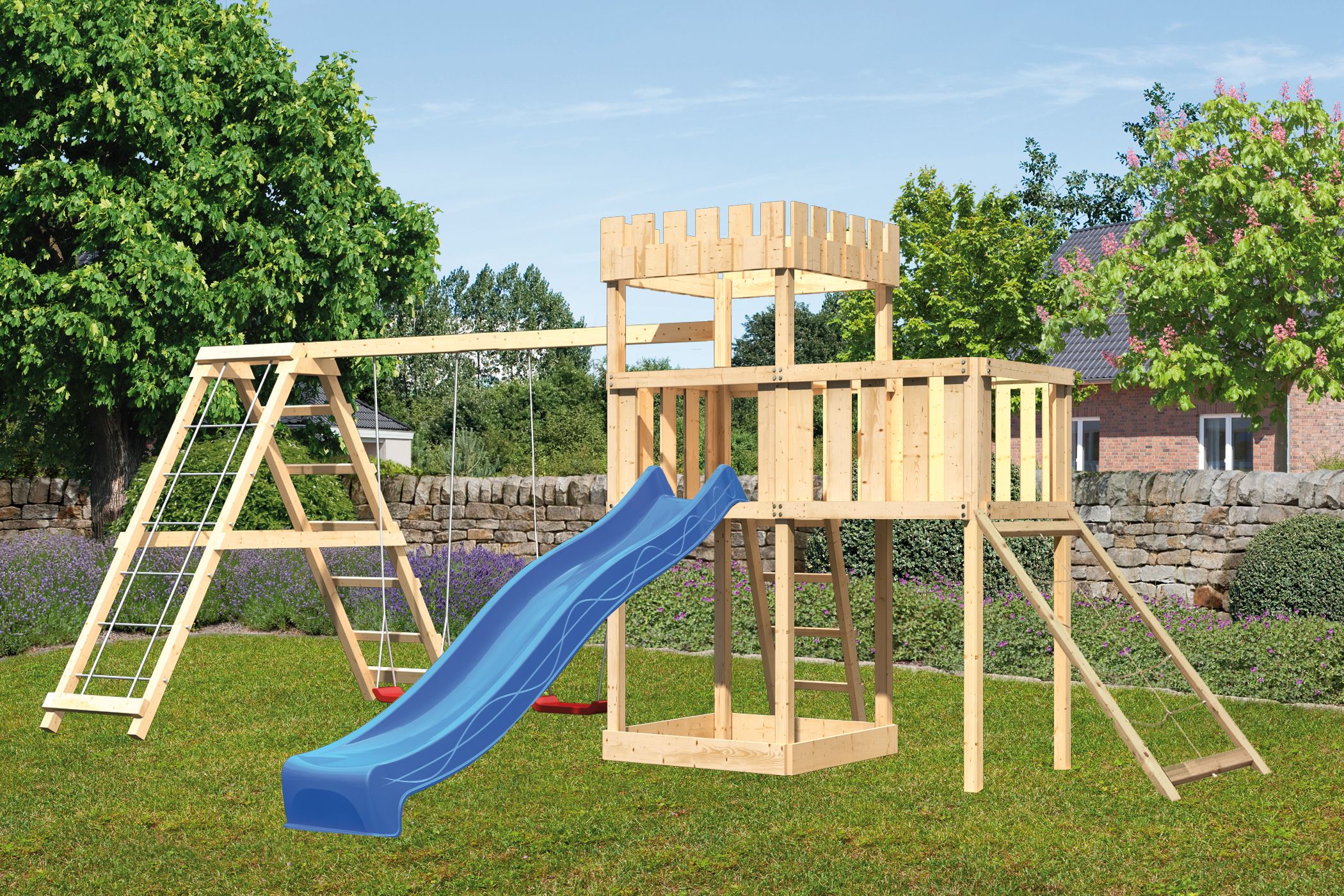 Akubi Kinderspielturm Ritterburg Löwenherz inkl. Wellenrutsche, Doppelschaukelanbau, Klettergerüst, Anbauplattform und Netzrampe
