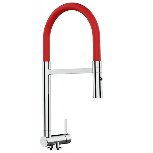 Wasserhahn Vorfenster Küchenarmatur, Umklappbar 4,5 CM, mit 360° schwenkbarem Auslauf, abnehmbare 2 strahl Handbrause, Verchromt / Rot