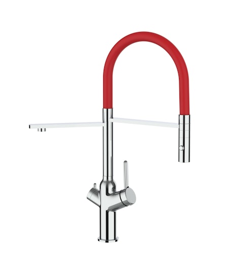 4 Wege Wasserhahn Küchenarmatur, BOD, mit 360° schwenkbarem Auslauf, abnehmbare 2 strahl Handbrause, Verchromt / Rot