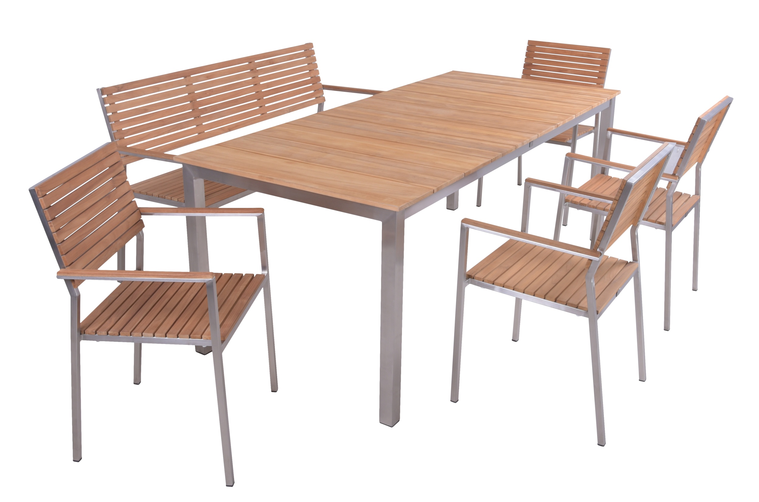 Garden Pleasure Gartenmöbel Set DALLAS / DENVER 01, Tisch 200 x 90 + Bank + 4 Stapelsessel, Edelstahl / Teak