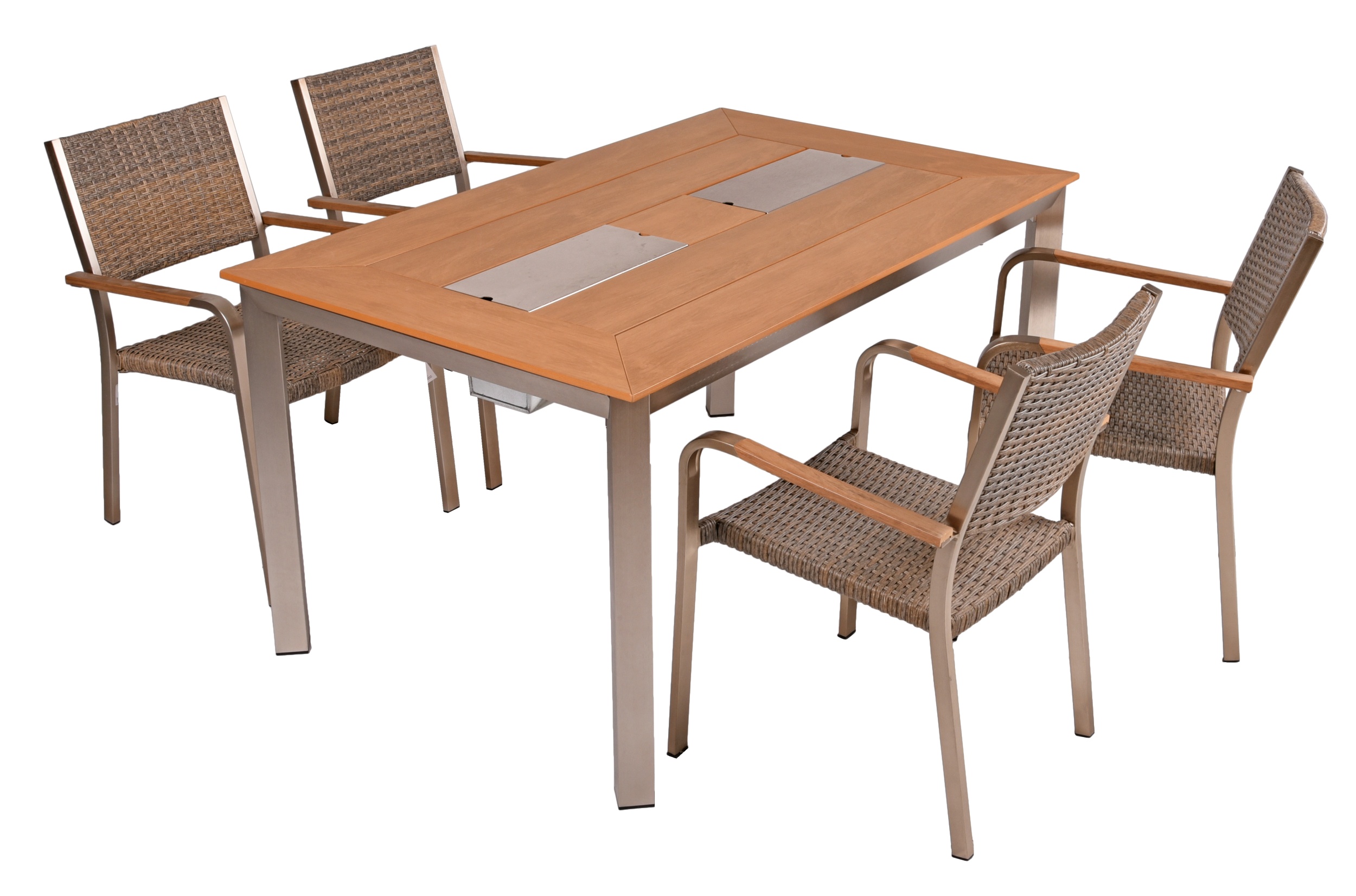 Garden Pleasure Gartenmöbel Set FLORENCE 06, Tisch 150 x 90 + 4 Stapelsessel, Aluminium / Nonwood / Polyrattan