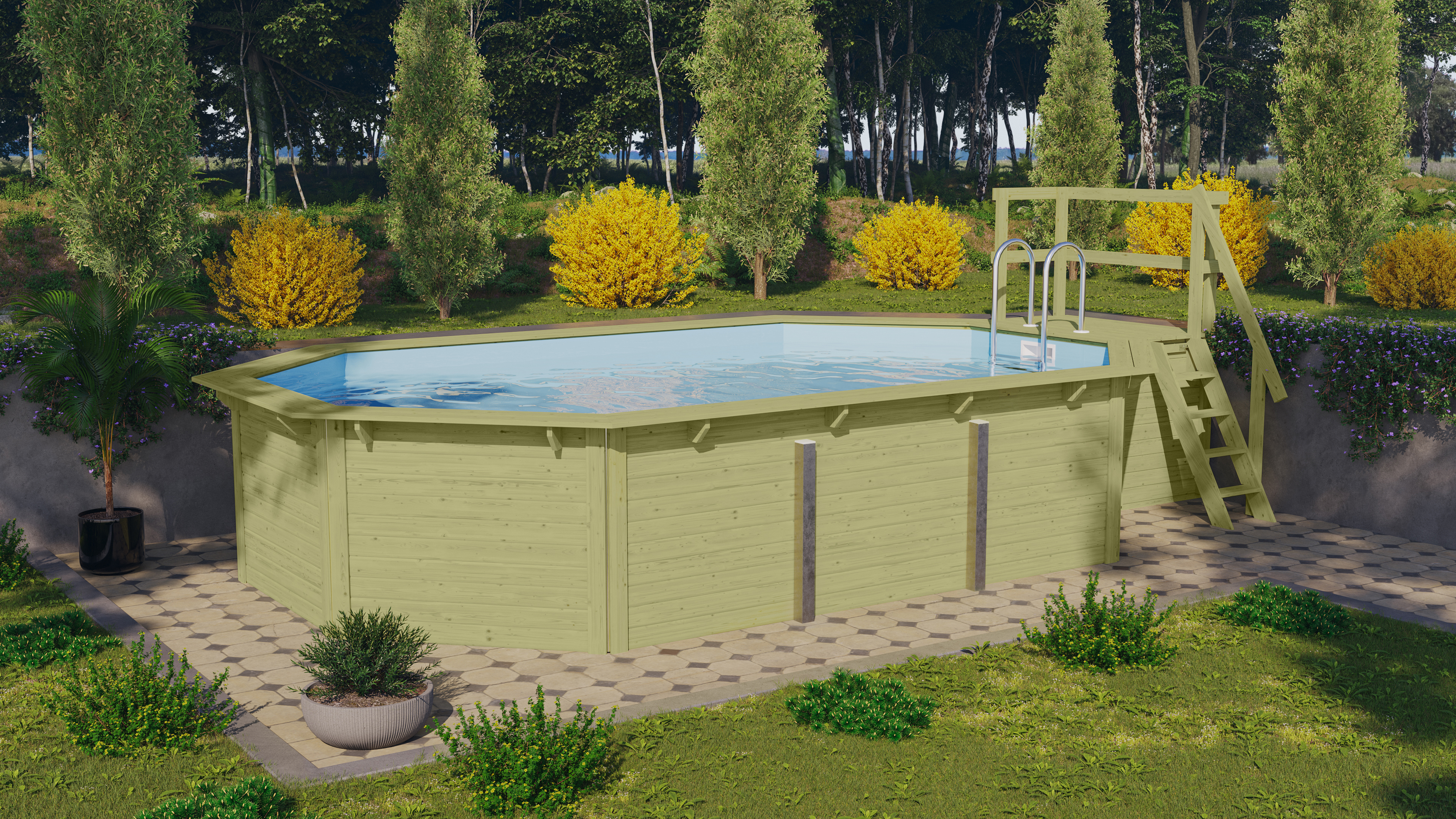 Karibu Pool Modell X4 610 x 400 cm mit Terrasse - kesseldruckimprägniert mit Metallecken inkl. gratis Sandfilteranlage & Pool-Starterset (Gesamtwert 468,99€)