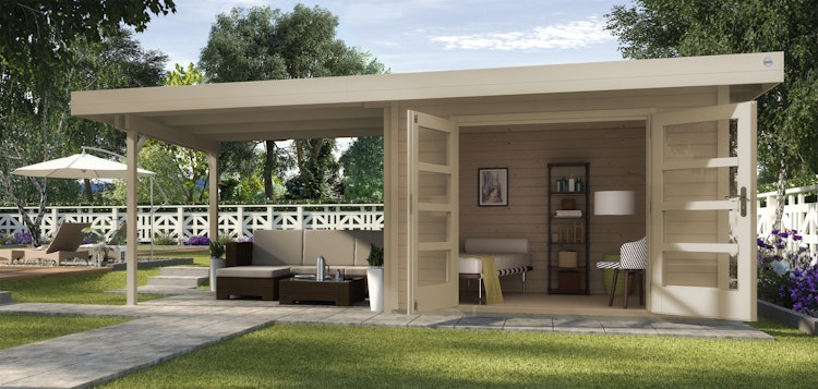 Weka Designhaus 126 B+  inkl. 300 cm Anbau und extra hoher Tür - 28 mm