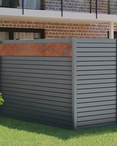 BM Zaunserie Typ 249 Rhombus Alu Grundelement, 180 x 180 cm mit Cortenstahl Streifen