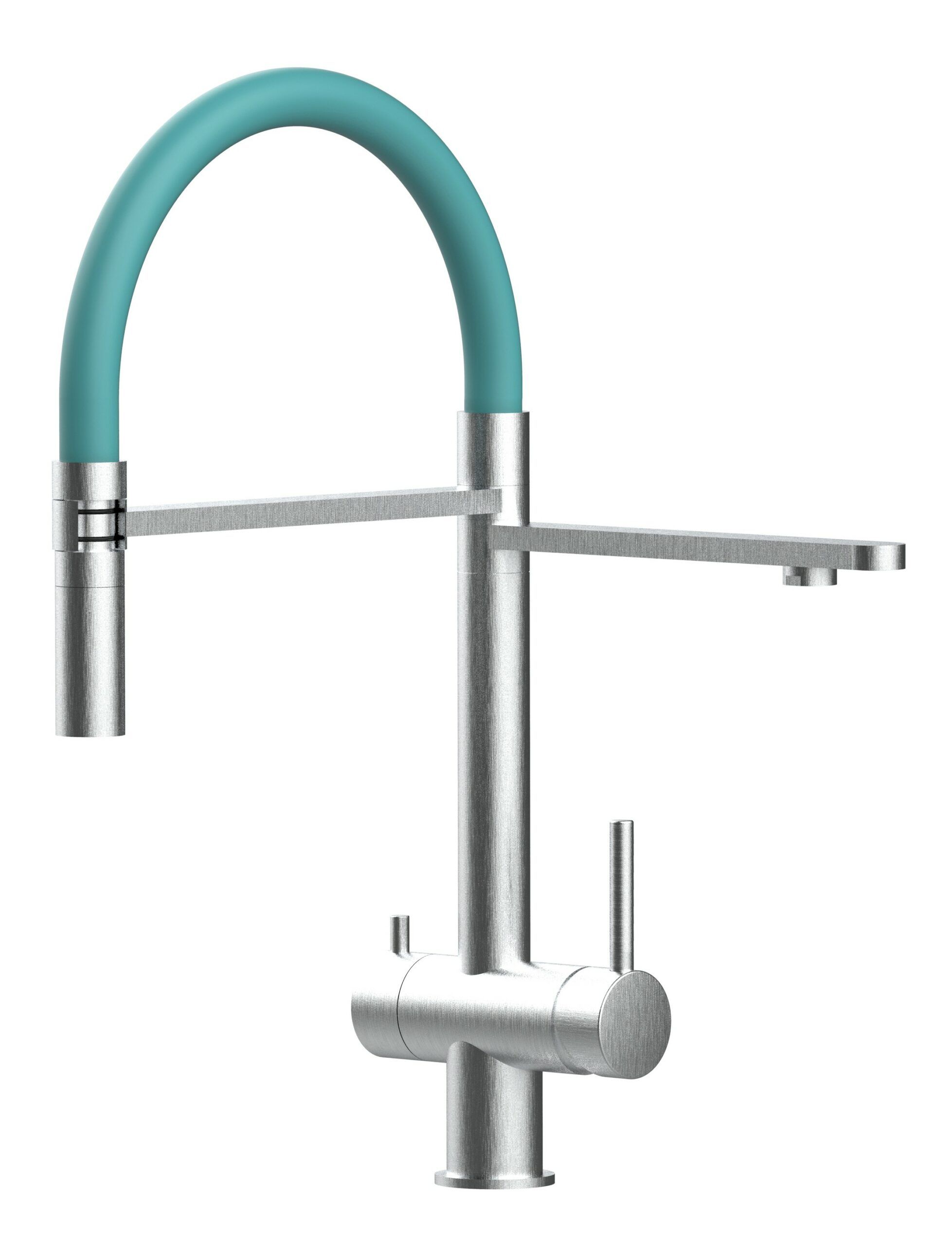 Kurzversion 45CM - 3 Wege Wasserhahn Küchenarmatur, Edelstahl Massiv mit 360° schwenkbarem Auslauf, abnehmbare 2 strahl Handbrause, Gebürstet / Türkis