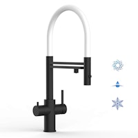 5 Wege Wasserhahn Küchenarmatur, Edelstahl Massiv mit 360° schwenkbarem Auslauf, abnehmbare 2 strahl Handbrause, PVD Schwarz Matt / Weiß