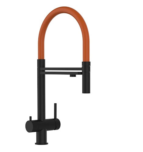 3 Wege Wasserhahn Küchenarmatur, Edelstahl Massiv mit 360° schwenkbarem Auslauf und abnehmbare 2 strahl Handbrause, PVD Schwarz Matt / Orange