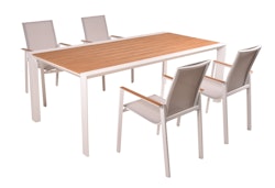 Garden Pleasure Gartenmöbel Set VENICE 01, Tisch 200 x 100 + 4 Stapelssessel, Alu Weiß / Nonwood Teak-Optik / Kunststoffgewebe Hellgrau