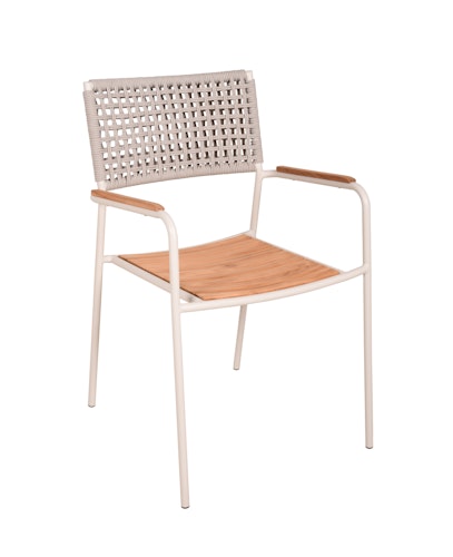 Garden Pleasure Gartenmöbel Set CARMEL, Tisch 150 x 90 + 4 Stapelsessel, Stahl Weiß / Teak / Rope