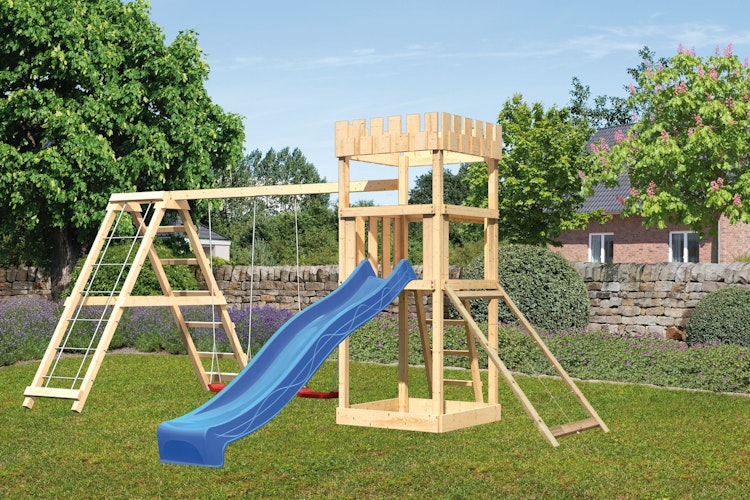 Akubi Kinderspielturm Ritterburg Löwenherz inkl. Wellenrutsche, Doppelschaukelanbau, Klettergerüst und Netzrampe