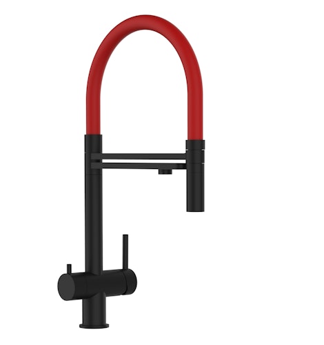 3 Wege Wasserhahn Küchenarmatur, Edelstahl Massiv mit 360° schwenkbarem Auslauf und abnehmbare 2 strahl Handbrause, PVD Schwarz Matt / Rot