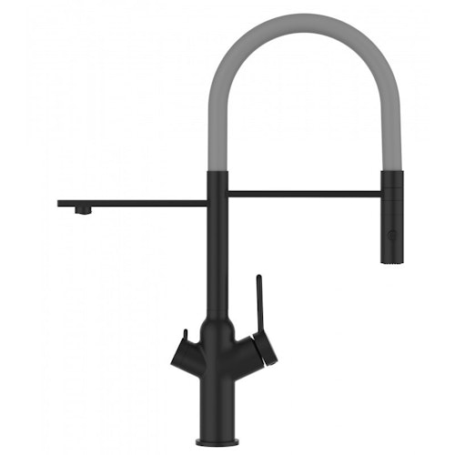 3 Wege Wasserhahn Küchenarmatur, BOD, mit 360° schwenkbarem Auslauf, abnehmbare 2 strahl Handbrause, Schwarz Matt / Grau