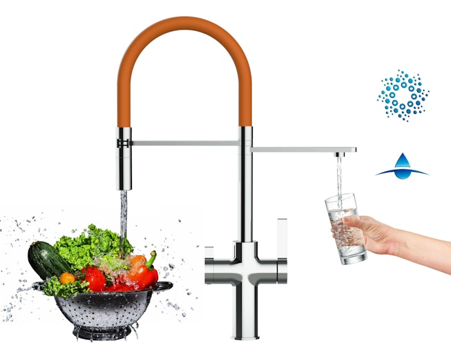 4 Wege Wasserhahn Küchenarmatur, FC, mit 360° schwenkbarem Auslauf, abnehmbare 2 strahl Handbrause, Verchromt / Orange