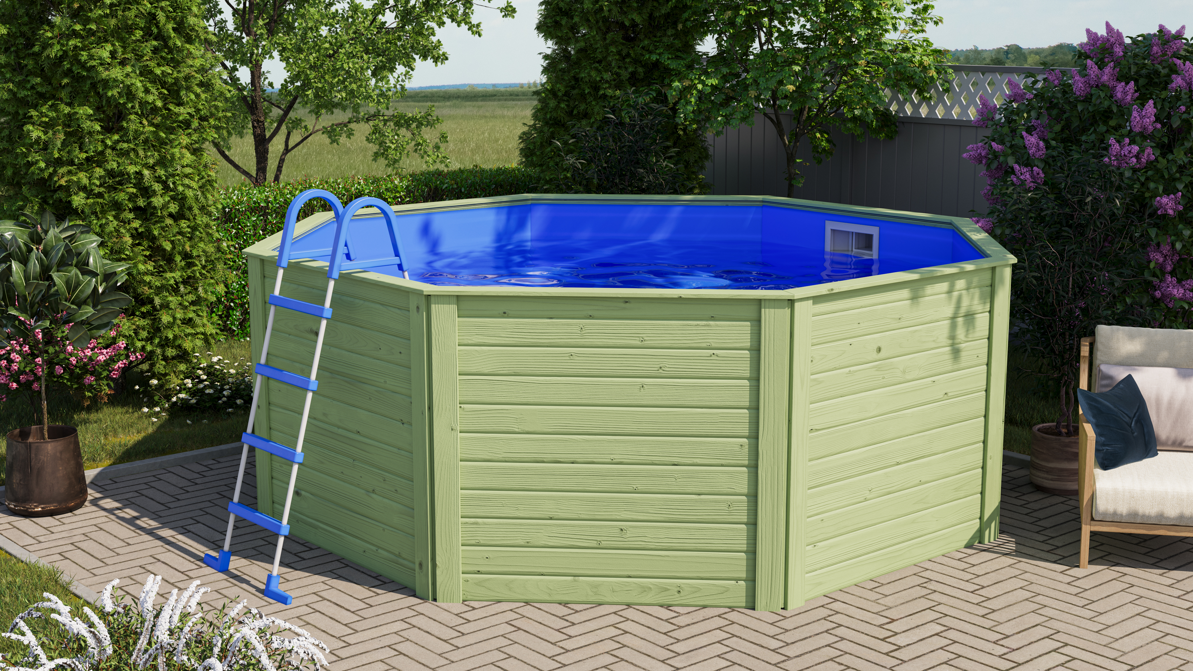 Karibu Pool Modell X0 350 x 350 cm - kesseldruckimprägniert mit Metallecke inkl. gratis Sandfilteranlage & Pool-Starterset (Gesamtwert 418,99€)