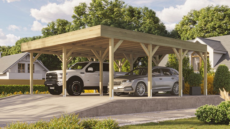 Weka Doppelcarport mit Vorbereitung zur Dachbegrünung 644 x 718 cm - Leimholz