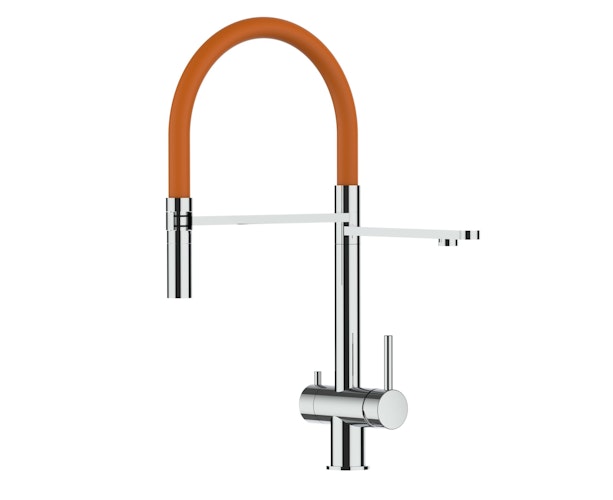 3 Wege Wasserhahn Küchenarmatur, Edelstahl Massiv mit 360° schwenkbarem Auslauf, abnehmbare 2 strahl Handbrause, Hochglanz / Orange