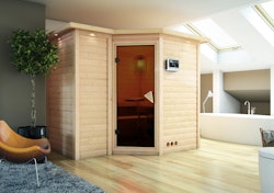 Karibu Sauna Sahib 2-Massivholzsauna 38 mm -Eckeinstieg - Exklusivoptik inkl. gratis Saunaofen im Wert von 599,99 €