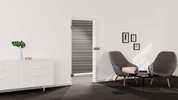 Griffwerk Glasdrehtür (ESG) LINES 814 ESG PURE WHITE klar 834x1972x8mm Studio/Office DIN L