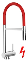NIEDERDRUCK Wasserhahn Vorfenster Küchenarmatur, Umklappbar 6 CM, mit 360° schwenkbarem Auslauf, abnehmbare 2 strahl Handbrause, Verchromt / Rot