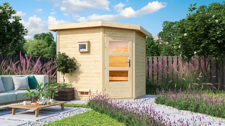 Karibu Gartensauna Pultdach Saunahaus Mikka mit Eckeinstieg naturbelassen inkl. gratis Sauna-Zubehörset im Wert von 234,94 €