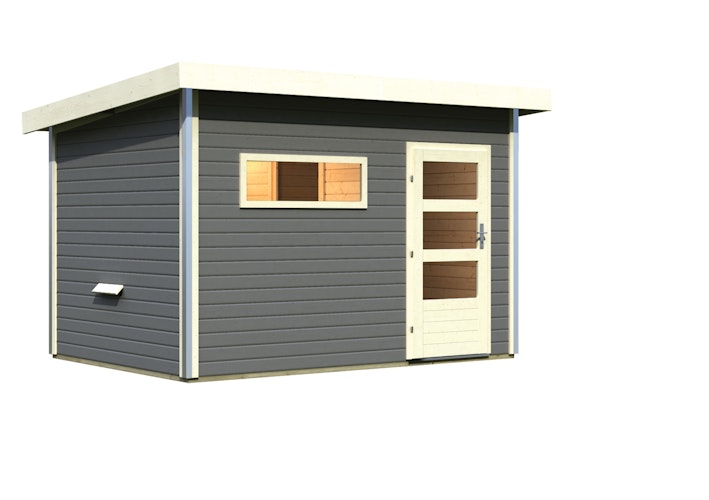 Karibu Saunahaus Skrollan 2 mit Vorraum terragrau inkl. gratis Sauna-Zubehörset im Wert von 234,94 €