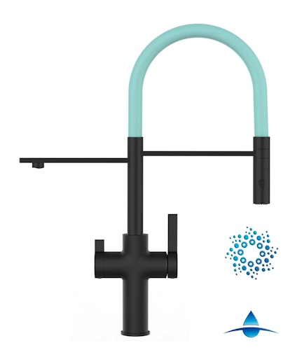 4 Wege Wasserhahn Küchenarmatur, FC, mit 360° schwenkbarem Auslauf, abnehmbare 2 strahl Handbrause, Schwarz Matt / Türkis