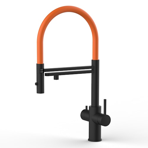 5 Wege Wasserhahn Küchenarmatur, Edelstahl Massiv mit 360° schwenkbarem Auslauf, abnehmbare 2 strahl Handbrause, PVD Schwarz Matt / Orange