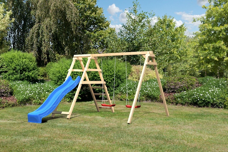 Akubi Kinderspielgerät Doppelschaukel Felix mit Klettergerüst und Rutsche