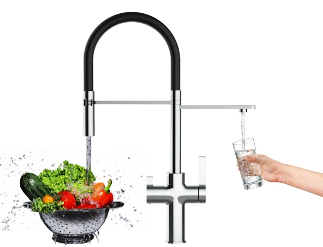 3 Wege Wasserhahn Küchenarmatur, FC, mit 360° schwenkbarem Auslauf, abnehmbare 2 strahl Handbrause, Verchromt / Schwarz