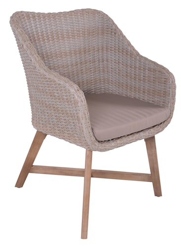 Garden Pleasure Gartenmöbel Set ARVADA / OAKLAND, Tisch Ø 110 + 4 Sessel, Akazie / Polyrattan Zimtbraun / Kissen 100 % Polyester Taupe
