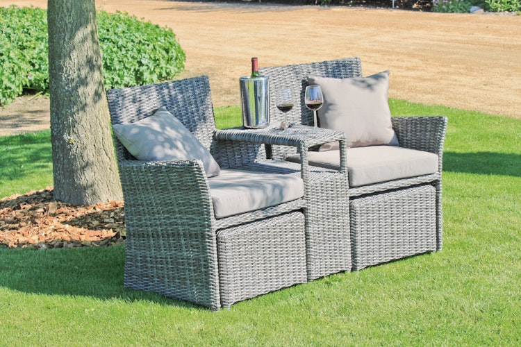 Garden Pleasure Doppelsessel-Set CALGARY, Polyrattan Graubraun / Kissen 100 % Polyester Grau