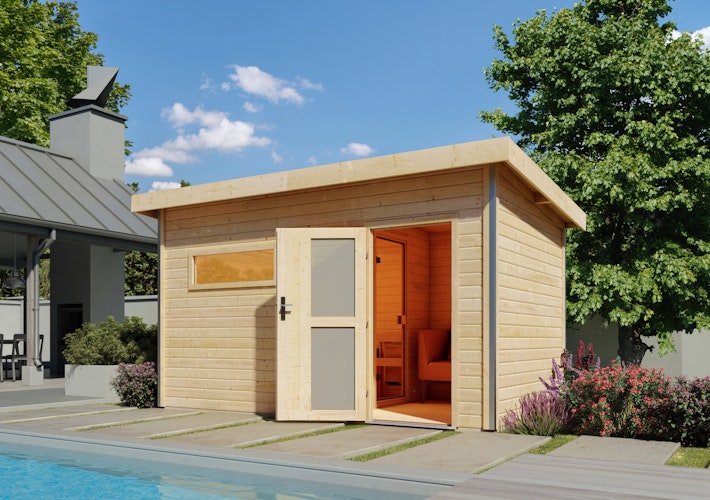 Karibu Saunahaus Skrollan 3 mit Vorraum naturbelassen (Rechteckfenster) inkl. gratis Sauna-Zubehörset im Wert von 234,94 €