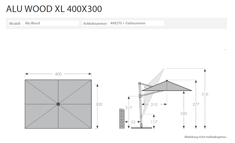 doppler Pendelschirm ALU WOOD 400 x 300 LED, Aluminium Esche-Optik / 100 % Polyester 180 g/m²