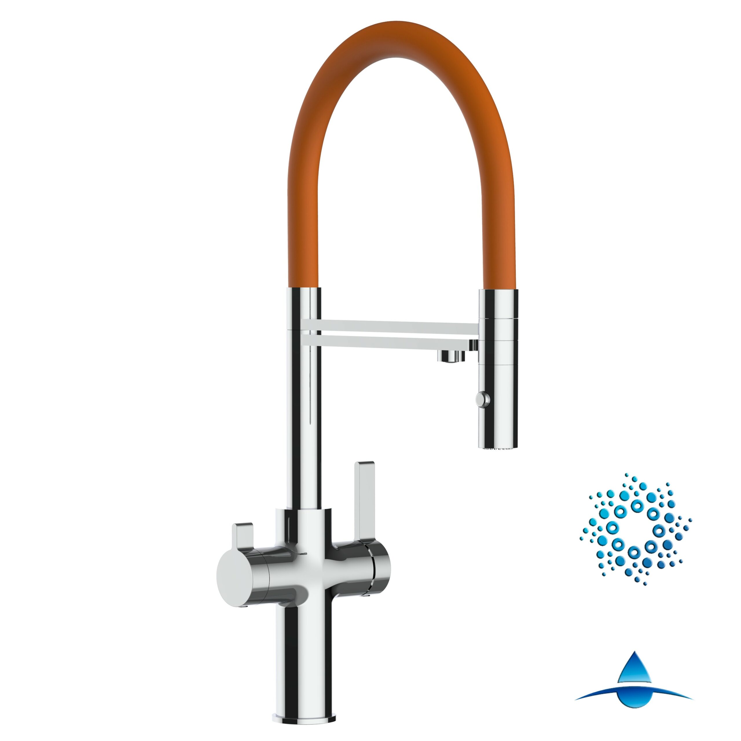 4 Wege Wasserhahn Küchenarmatur, FC, mit 360° schwenkbarem Auslauf, abnehmbare 2 strahl Handbrause, Verchromt / Orange