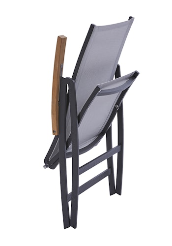 Diamond Garden Hochlehner VALENCIA, Edelstahl Dunkelgrau / Sunproof Sling Schwarz / Silber, Teak-Armlehnen