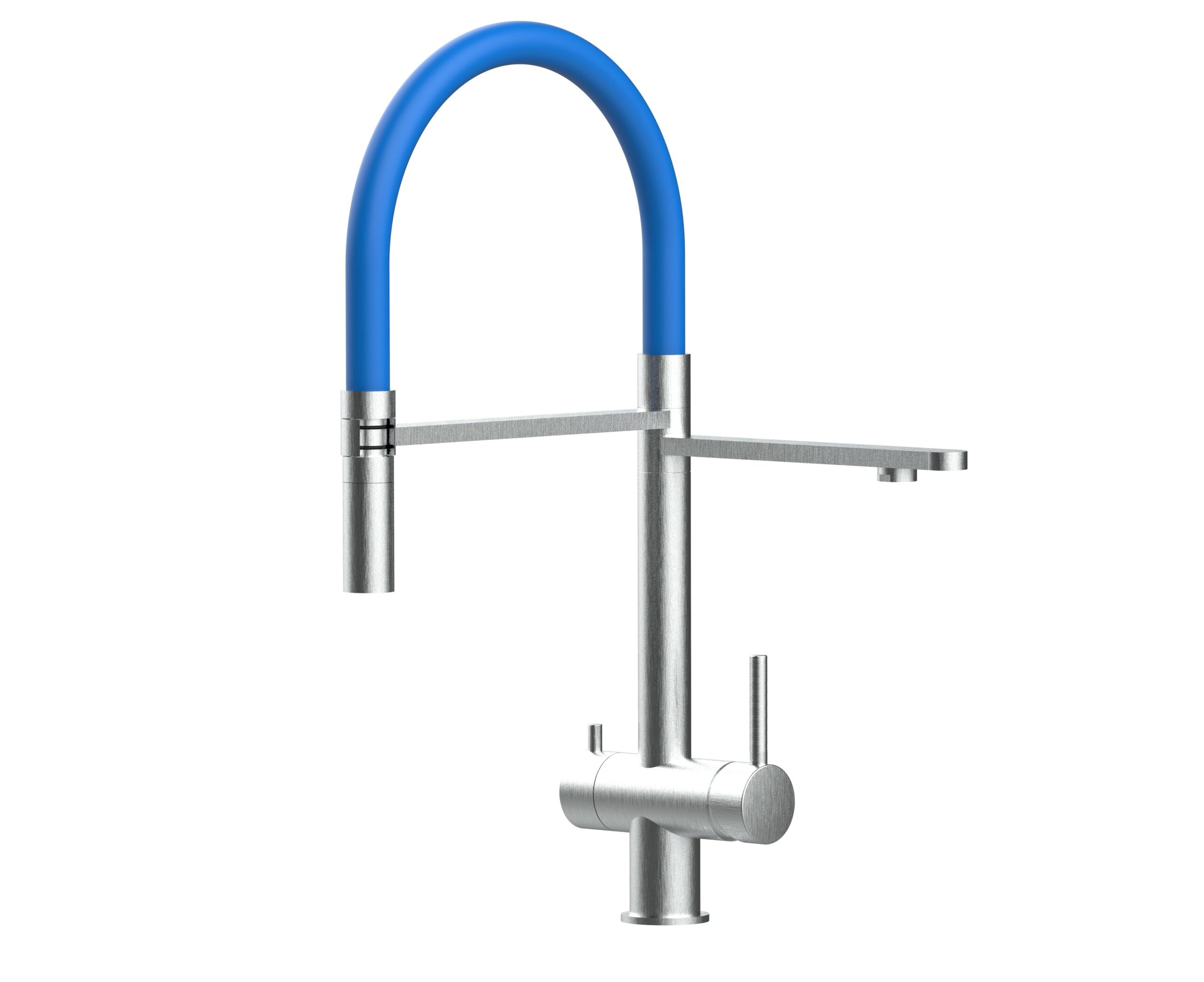 3 Wege Wasserhahn Küchenarmatur, Edelstahl Massiv mit 360° schwenkbarem Auslauf, abnehmbare 2 strahl Handbrause, Gebürstet / Blau