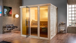 Weka Premium Massivholz-Elementsauna Kemi Panorama 3 mit Glastür+2 Fenster und Sternenhimmel - 45 mm