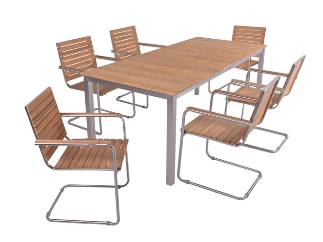 Garden Pleasure Gartenmöbel Set DALLAS / DENVER 06, Tisch 200 x 90 + 6 Schwingstühle, Edelstahl / Teak