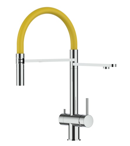 Kurzversion 45CM - 3 Wege Wasserhahn Küchenarmatur, Edelstahl Massiv mit 360° schwenkbarem Auslauf, abnehmbare 2 strahl Handbrause, Hochglanz / Gelb