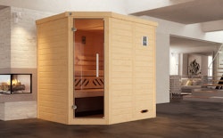 Weka Premium Massivholz-Elementsauna Kemi Eck mit Glastür inkl. Komfortpaket - 45 mm