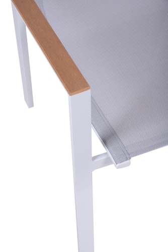 Garden Pleasure Gartenmöbel Set VENICE 03, Tisch 200 x 100 + 2 Bänke + 2 Stapelssessel, Alu Weiß / Nonwood Teak-Optik / Kunststoffgewebe Hellgrau