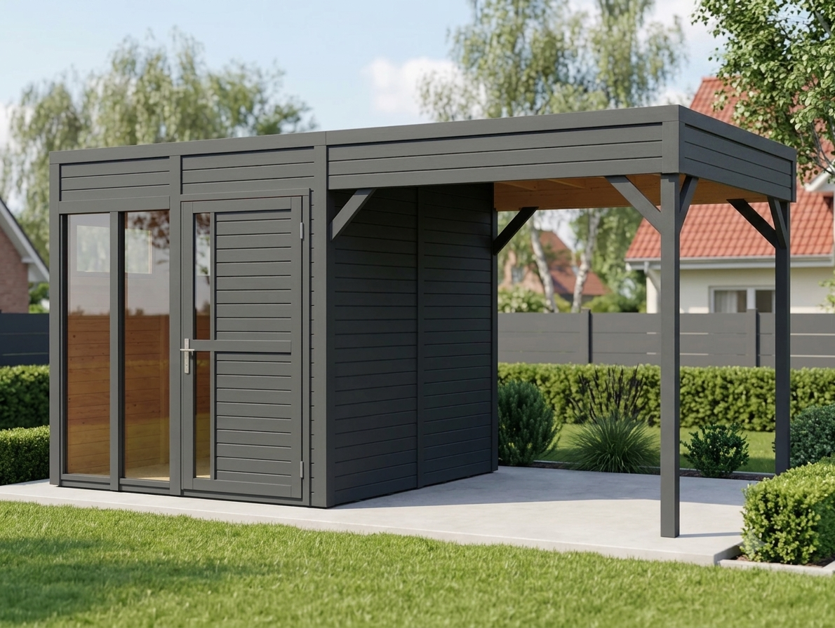 Bertilo Element-Gartenhaus Cubus 2 Office inkl. Lounge-Anbau - 19 mm