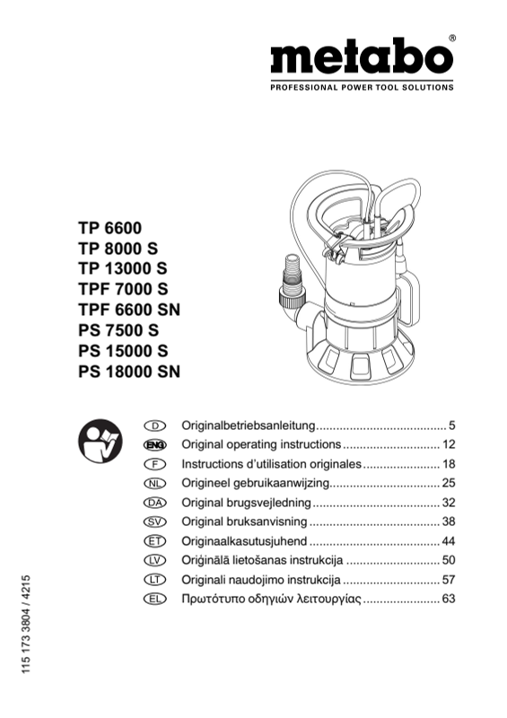 Bedienungsanleitung fÃ¼r Metabo Klarwasser-Tauchpumpe TP 13000 S