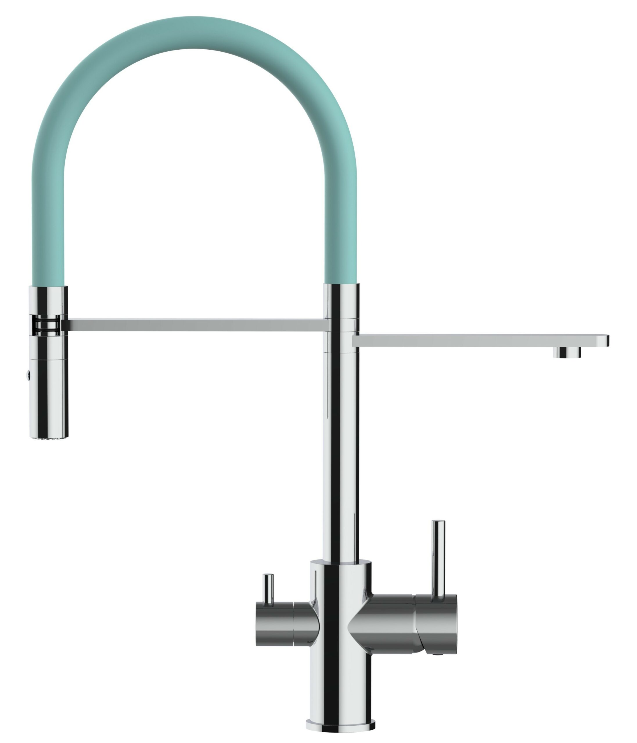 3 Wege Wasserhahn Küchenarmatur, FL, mit 360° schwenkbarem Auslauf, abnehmbare 2 strahl Handbrause, Verchromt / Türkis