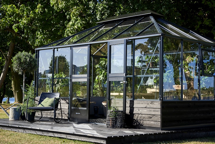 Juliana Gewächshaus Grand Oase anthrazit - 3 mm Sicherheitsglas - für Mauer - 13,0 m²