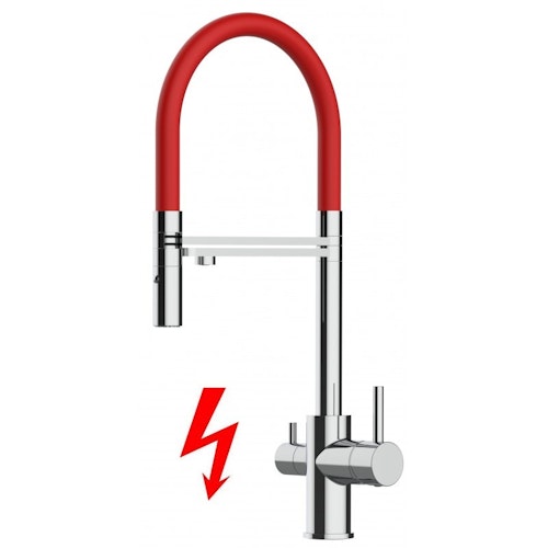 NIEDERDRUCK 3 Wege Wasserhahn Küchenarmatur, FL, mit 360° schwenkbarem Auslauf, abnehmbare 2 strahl Handbrause, Verchromt / Rot