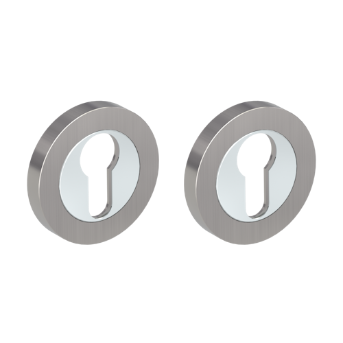 Griffwerk Schlüsselrosettenpaar Zink rund mit Zierring Profilzylinder Schraubtechnik Chrom-Nickelmatt