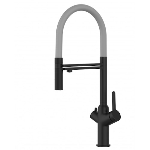 3 Wege Wasserhahn Küchenarmatur, BOD, mit 360° schwenkbarem Auslauf, abnehmbare 2 strahl Handbrause, Schwarz Matt / Grau