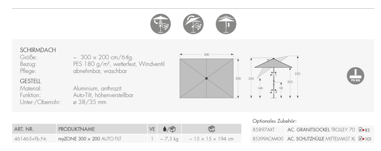 doppler Mittelmastschirm myZONE 300 x 200 Auto Tilt, Aluminium Anthrazit / 100 % Polyester 180 g/m²